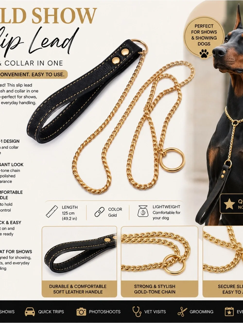 Gold Dog Show Slip Lead Leash & Collar 2-in-1